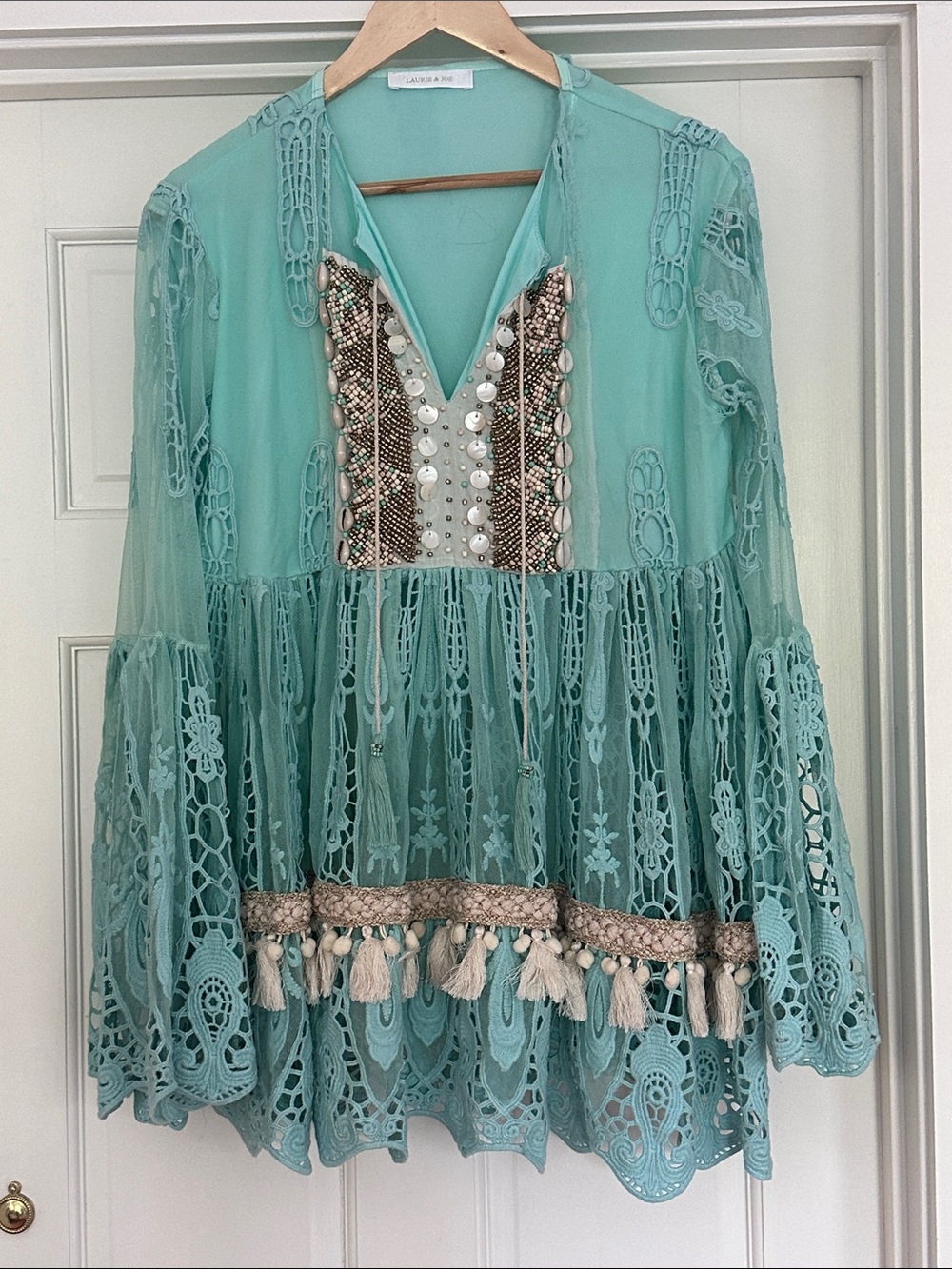 Laurie & Joe Embroidered Aqua Lace Tunic with Tassel Trim.